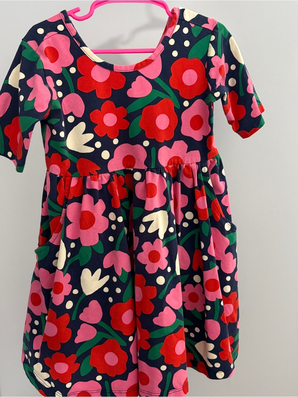 Hanna Andersson Navy Floral Cotton Dress with Pink, Red & Green Accents